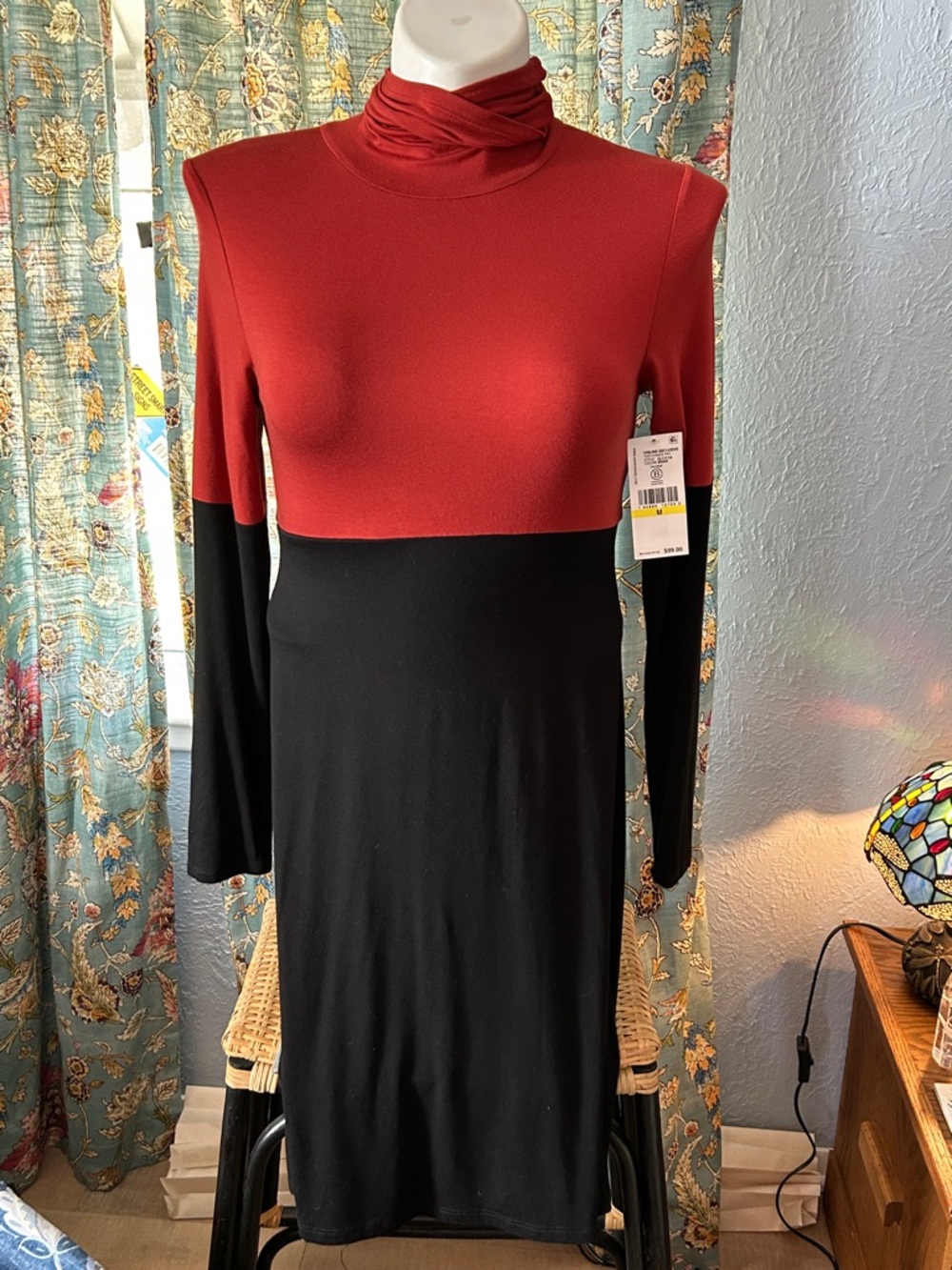 NWT Karen Kane Red and Black Long-Sleeve Colorblock Midi Dress Size M